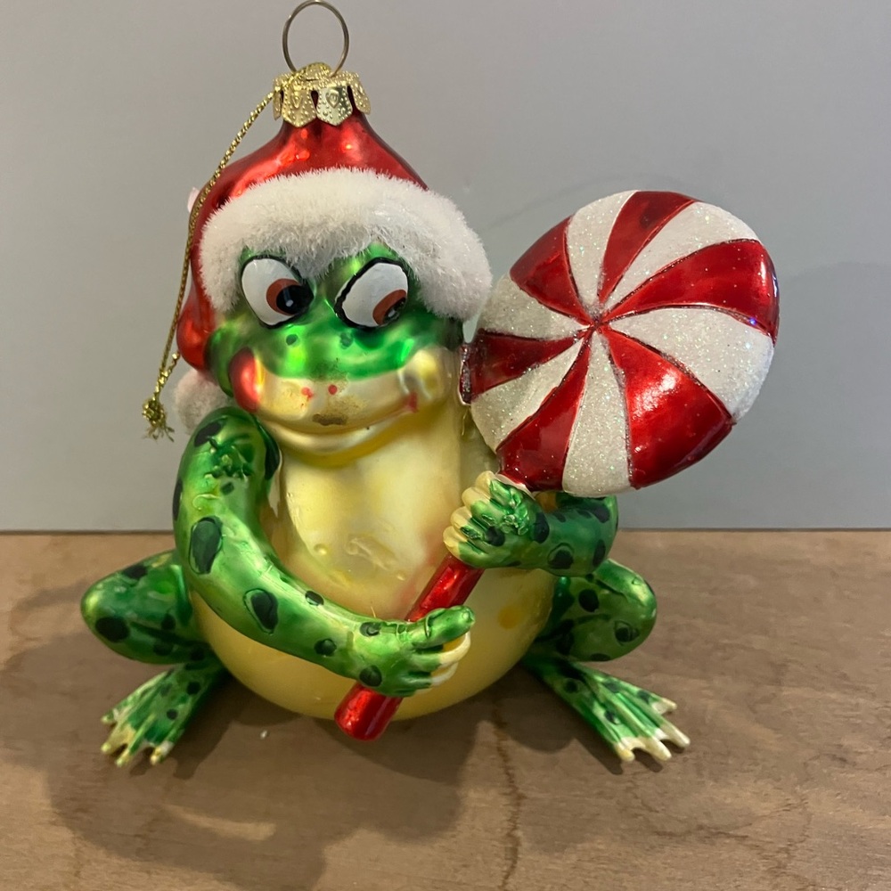 Dept 56 Glass Holiday Frog Ornament with Red and Green Details